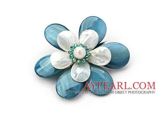White Freshwater Pearl and Green Crystal and Peacock Blue Shell Flower Brooch