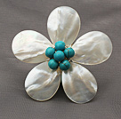 Elegant Style White Color Teardrop Shape Shell and Green Turquoise Flower Brooch