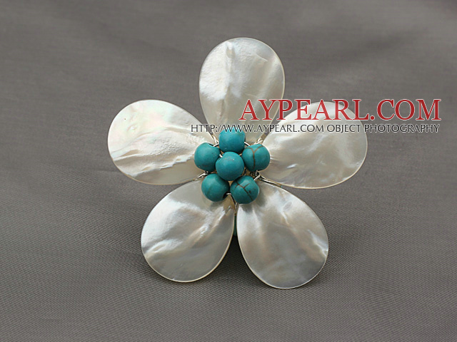 Elegant Style Vit Färg droppform Shell och grön Turquoise Flower Brosch