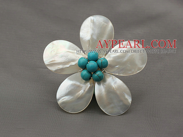 Elegant Style White Color Teardrop Shape Shell and Green Turquoise Flower Brooch