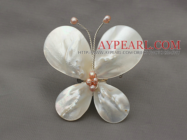 Elegante Art Tropfenform Weiß Lip Shell und Pink Pearl Schmetterlingsform Brosche