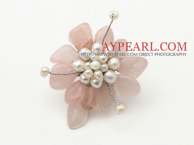 Elegant Style Pink Color Rose Quartz and White Freshwater Pearl Flower Brooch