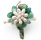 Elegant Style Assorted Green Agate and White Freshwater Pearl Flower Brooch