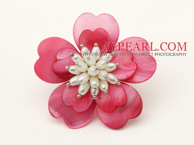 Heart Shape Hot Pink Shell and White Freshwater Pearl Flower Brooch