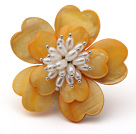 Heart Shape Yellow Shell and White Freshwater Pearl Flower Brooch