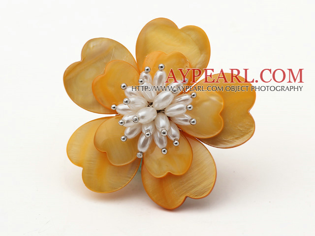 Heart Shape Yellow Shell and White Freshwater Pearl Flower Brooch