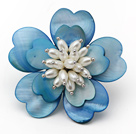 Heart Shape Blue Shell and White Freshwater Pearl Flower Brooch