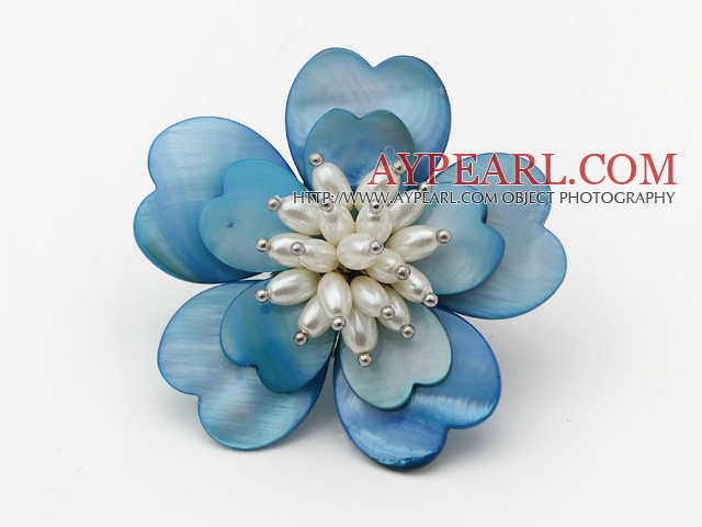 Heart Shape Blue Shell and White Freshwater Pearl Flower Brooch