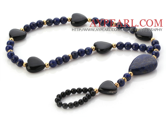 Fashion Black Love Heart Agate And Round Lapis Stone Anklet With Golden Spacers