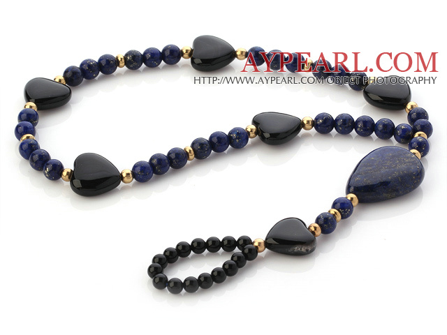 Fashion Black Love Heart Agate And Round Lapis Stenankelkedjamed Golden Spacers