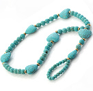 Fashion Blue Love Heart And Round Turquoise Beaded Anklet With Golden Spacers