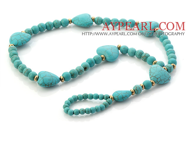 Fashion Blue Love Heart And Round Turquoise Beaded Anklet With Golden Spacers