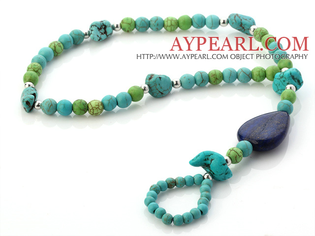 Beautiful Blue And Green Turquoise And Love Heart Lapis Beaded Anklet With Silver Spacers