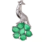 Fashion Peacock Shape Green Teardrop Inlaid Malaysian Jade Flower Brooch