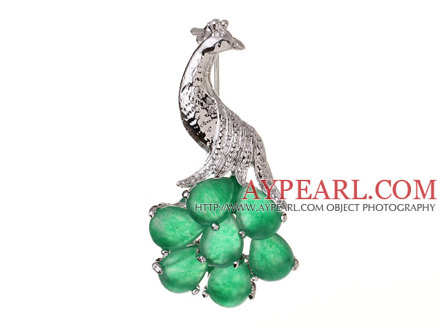 Fashion Peacock Shape Green Teardrop Inlaid Malaysian Jade Flower Brooch