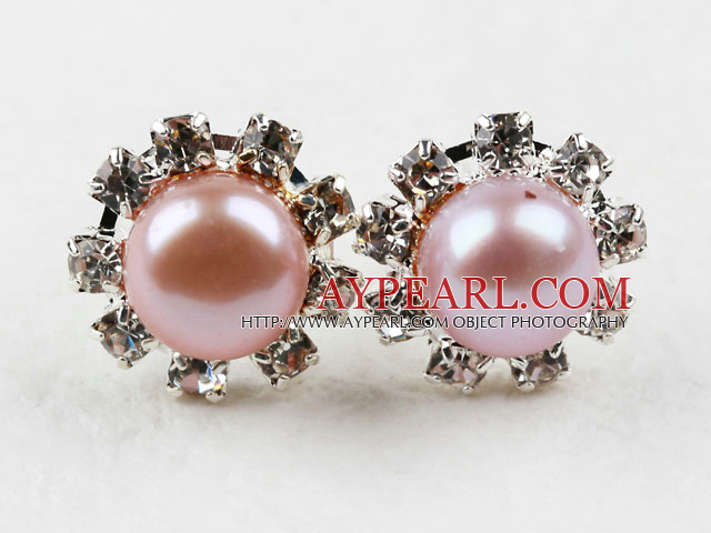 Classic Design Natural Purple Freshwater Pearl Studs with Rhinestone