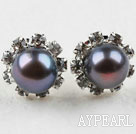 Classic Design Natural Black Freshwater Pearl Studs with Rhinestone