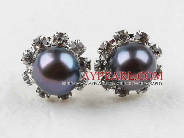 Classic Design Natural Black Freshwater Pearl Studs with Rhinestone