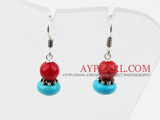 Cute Stil Red Coral şi 925 de turcoaz Cercei argint Sterling