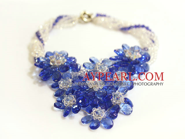 Fancy Style Clear Crystal and Blue Crystal Flower Necklace