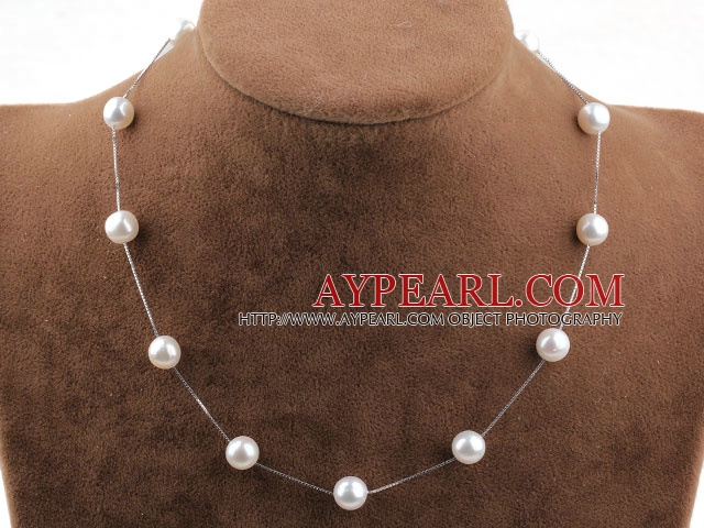 AA Freshwater Pearl Tin Cup Necklace with 925 Sterling Silver White Gold Plating Chain