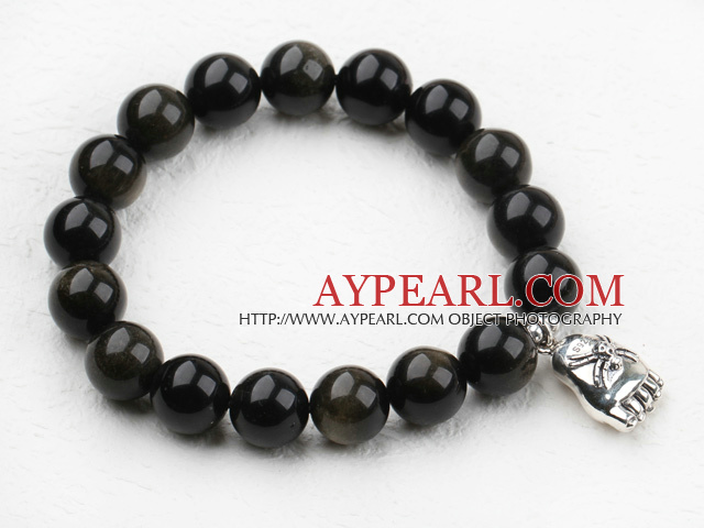 Classic Design 12mm Round Obsidian Beaded Elastisk armbånd med Thai Silver anheng