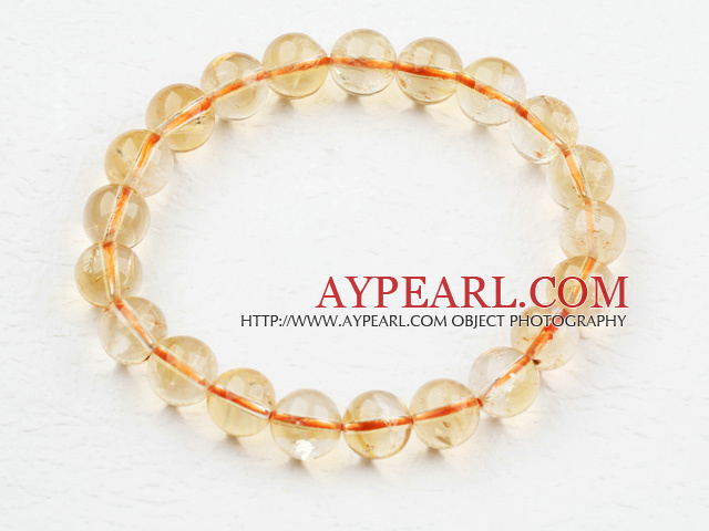 Natural 9mm Round Citrine Beaded Elastic Bangle Bracelet