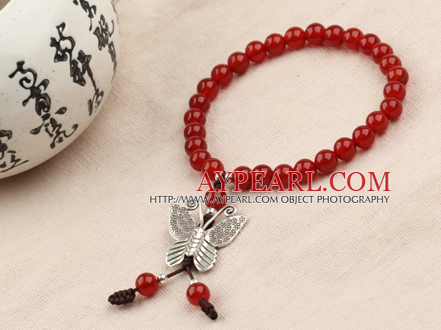 Classic Design Red Carnelian Beaded Elastic Bangle Bracelet with Sterling Silver Butterfly Accesorries