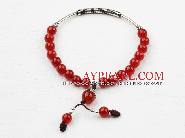 Classic Design Red Carnelian Elastic Bangle Bracelet with Sterling Silver Accessories