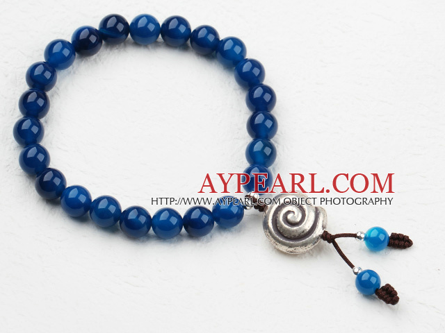 Classic Design 8mm Round Blue Agate Beaded Elastic Bangle Bracelet with Sterling Silver Snail Accessories