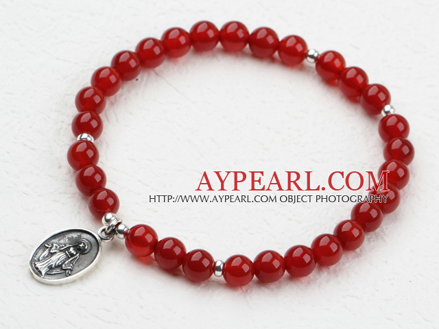 Classic Design 6mm Red Carnelian Beaded Elastic Bangle Bracelet with Sterling Silver Accesories
