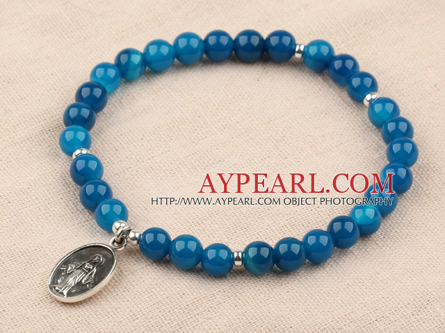 Classic Design 6mm Round Blue Agate Beaded Elastic Bangle Bracelet with Sterling Silver Accessories
