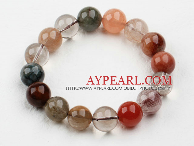12mm Round Multi Color Qutilated Quartz Beaded Elastisk Bangle Bracelet