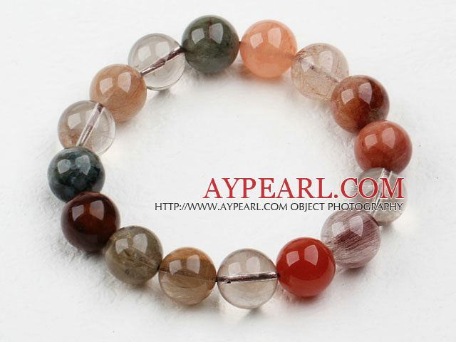 12mm Round Multi Color Qutilated Quartz Beaded Elastic Bangle Bracelet