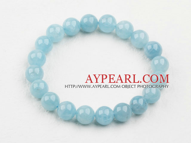 8mm en Grade Round Aquamarine Beaded Elastic Bangle Bracelet