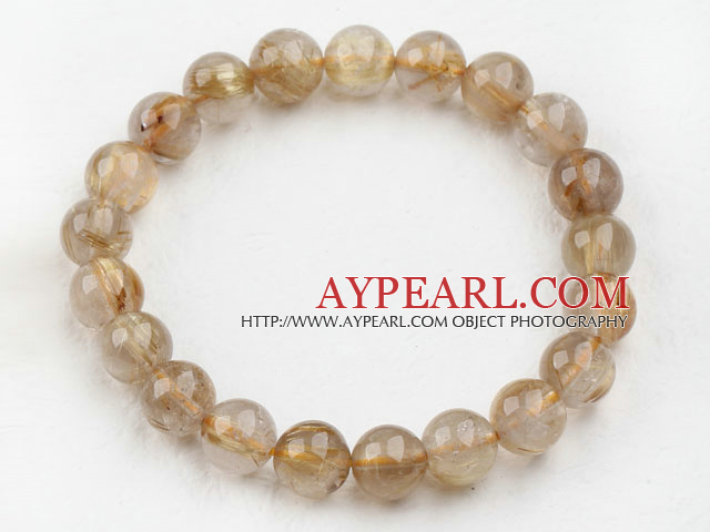 9mm Round Golden Rutilated Quartz Beaded Elastic Bangle Bracelet