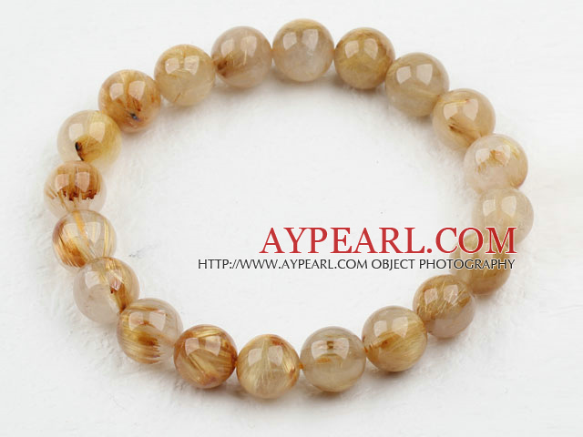 10mm Round Golden Rutilated Quartz Beaded Elastic Bangle Bracelet