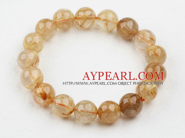 12mm runde gylne Rutilated Quartz Beaded Elastic Bangle Bracelet