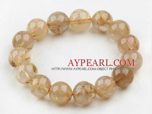 15mm Round Golden Rutilated Quartz Beaded Elastic Bangle Bracelet