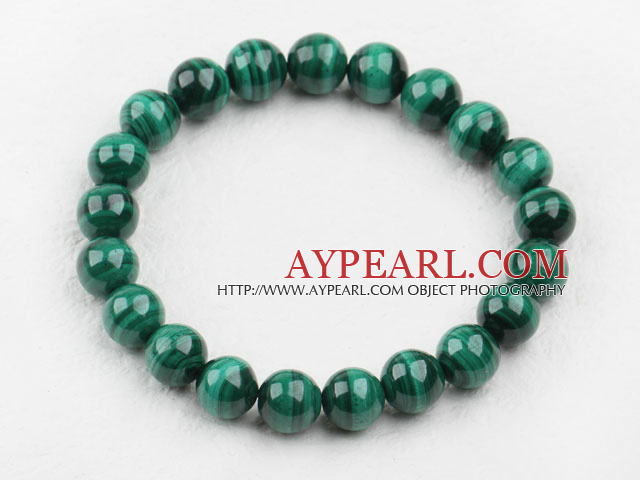 9mm Round A Grade Malachite Beaded Elastic Bangle Bracelet