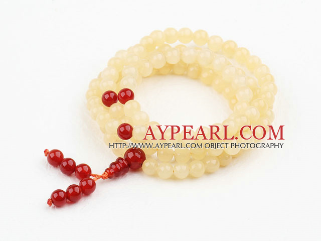 Light Yellow Jade and Carnelian Prayer Bracelet ( Rosary Bracelet Total 108 Beads )