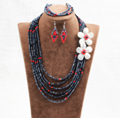Vakker 6 Layers Red & Black Crystal perler Costume afrikansk bryllup smykker sett (halskjede, armbånd og øredobber