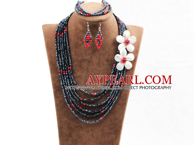 Vackra 6 lager Red & Black Crystal pärlor kostym afrikanska bröllop smycken set (halsband, armband och örhängen