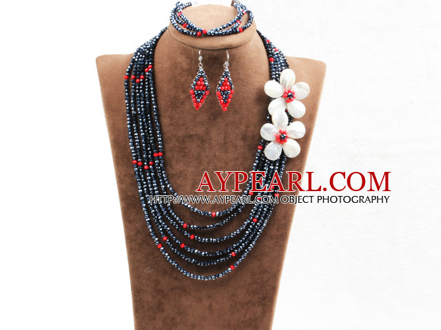 Vakker 6 Layers Red & Black Crystal perler Costume afrikansk bryllup smykker sett (halskjede, armbånd og øredobber