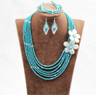 Wholesale Beautiful 6 Layers Lake Blue Crystal Beads Costume African Wedding Jewelry Set (Necklace, Bracelet & Earrings