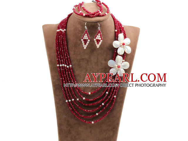 Beautiful 6 Layers Opal & Red Crystal Beads Costume African Wedding Jewelry Set (Necklace, Bracelet & Earrings
