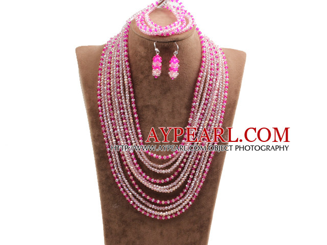 Fantastic Statement 10 Layers Rose Red & Pink Crystal African Wedding Jewelry Set (Necklace, Bracelet & Earrings)