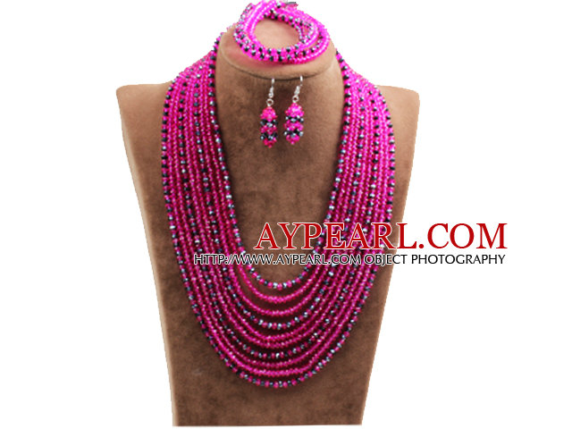 Fantastic Statement 10 Layers Rose Red & Black Crystal African Wedding Jewelry Set (Necklace, Bracelet & Earrings)