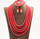 Fantastic Statement 10 Layers Red & White Crystal African Wedding Jewelry Set (Necklace, Bracelet & Earrings)
