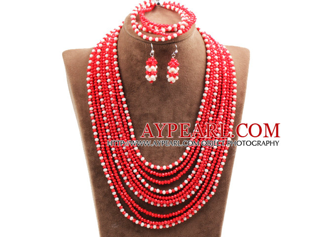 Fantastic Statement 10 Layers Red & White Crystal African Wedding Jewelry Set (Necklace, Bracelet & Earrings)